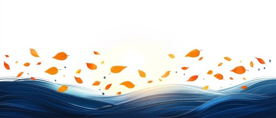 A vibrant autumn scene with floating leaves and a glowing sun over gentle waves during a crisp fall day