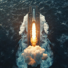 Wall Mural - a rocket launches from an autonomous spaceport drone ship at sea, viewed from above. the spaceship a