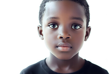 Wall Mural - A close-up portrait of an African small boy with black skin against a white background