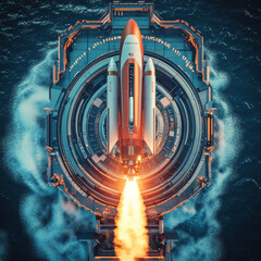 Wall Mural - a rocket launches from an autonomous spaceport drone ship at sea, viewed from above. the spaceship a