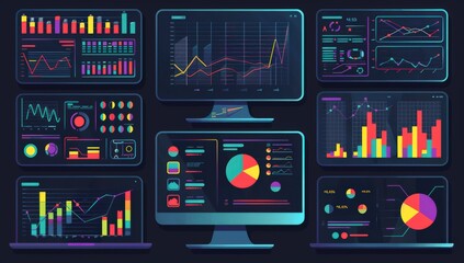 Illustration of various computer screens displaying data and graphs, with icons representing different types of social media sales or analytics tools on the screen, 