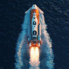 Wall Mural - a rocket launches from an autonomous spaceport drone ship at sea, viewed from above. the spaceship a