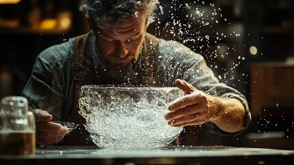 Craftsman Handling a Glass Bowl with Water Splashing