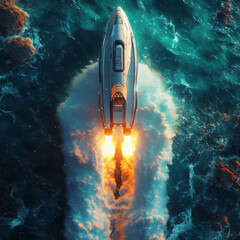Wall Mural - a rocket launches from an autonomous spaceport drone ship at sea, viewed from above. the spaceship a