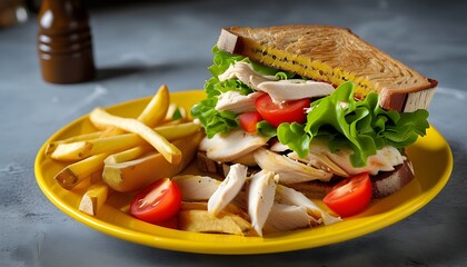 Savory chicken salad sandwich on multigrain bread with fresh lettuce, tomatoes, and crispy chips on a vibrant yellow plate