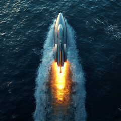Wall Mural - a rocket launches from an autonomous spaceport drone ship at sea, viewed from above. the spaceship a
