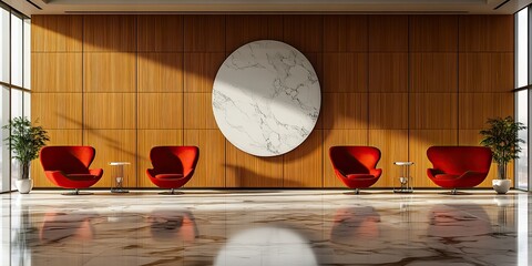 modern vip airport lounge with luxury dark red armchairs, elegant mustard wooden panels wall and beautiful marble floor 