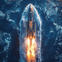 Wall Mural - a rocket launches from an autonomous spaceport drone ship at sea, viewed from above. the spaceship a