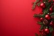 © Di Studio - red christmas background with branch of christmas tree and baubles with copy space