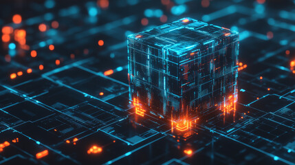 Concept of a large-scale data processing hub, cloud database, and futuristic server energy station. Data transmission technology. Syncing personal information. Cube or block representing abstract f