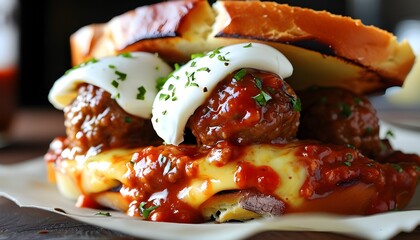 Wall Mural - Cheesy meatball sub overflowing with melted mozzarella and marinara on crusty bread