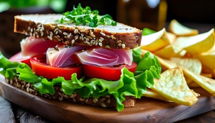 Wall Mural - Delicious fresh tuna salad sandwich on multigrain bread with crisp lettuce and juicy tomato, accompanied by crunchy potato chips