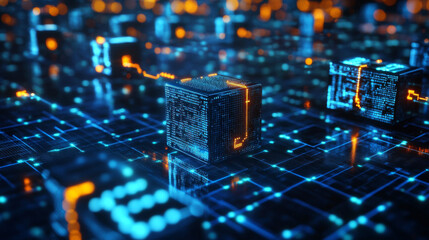 Concept of a large-scale data processing hub, cloud database, and futuristic server energy station. Data transmission technology. Syncing personal information. Cube or block representing abstract f