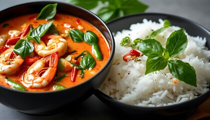 Wall Mural - Flavors of Thai Red Curry Shrimp Soup with Fresh Vegetables and Basil Accompanied by Fragrant White Rice