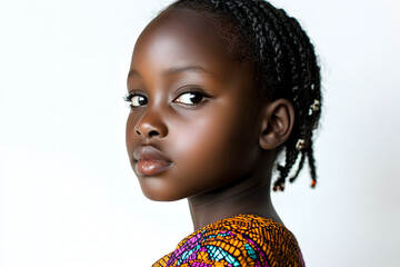 Wall Mural - A close-up portrait of a pretty young African girl with dark skin, isolated on white background