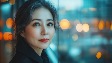 Beautiful Woman Looking Through Window at Night