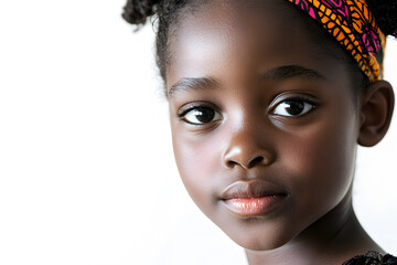 Wall Mural - A close-up portrait of a pretty young African girl with dark skin, isolated on white background