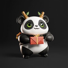 Poster - Cute Panda Holding a Gift with Bamboo Shoots