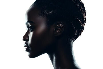 Wall Mural - Side view portrait of a joyful African woman with glowing dark skin, captured in a close-up against a plain white background