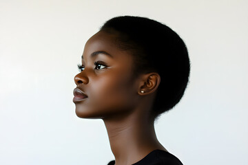 Side view portrait of a joyful African woman with glowing dark skin, captured in a close-up against a plain white background