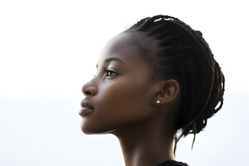 Side view portrait of a joyful African woman with glowing dark skin, captured in a close-up against a plain white background