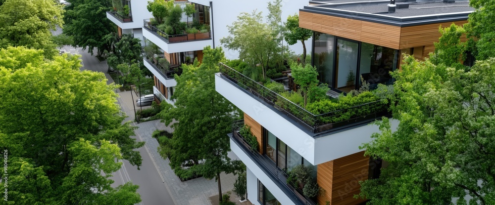 View of Eco-friendly residential area with lush greenery and sustainable ...