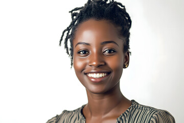 Wall Mural - Portrait of a smiling, beautiful African woman with glowing dark skin, set against a white background