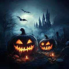 Wall Mural - Halloween background with scary pumpkins candles in the graveyard at night with a castle background