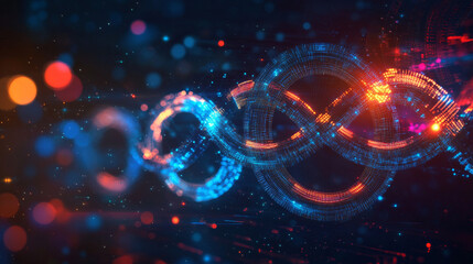 Software engineering operations infinity sign. The idea of development operations, interaction between programmers and engineers, data handling. DevOps banner featuring a holographic lifecycle infinit