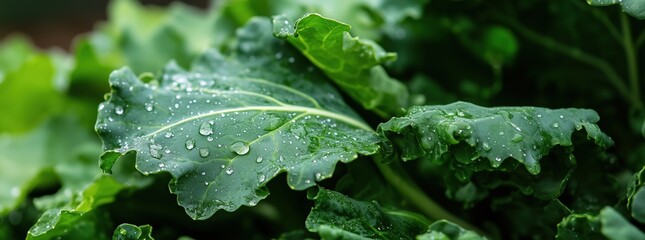 Wall Mural - Fresh green kale leaves with dewdrops - nature's spring renewal for health & wellness themes