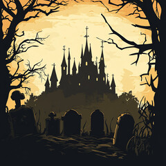 Wall Mural - Halloween castle and headstones silhouette silhouette landscape illustration