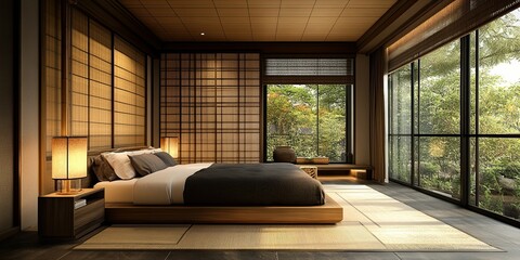 black luxury mix traditional and modern wooden japanese bedroom hotel design with bamboo panels wall and elegant bamboo lamp 