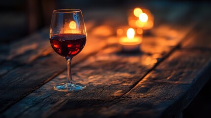 A close-up of a vintage wine glass with deep red wine, softly illuminated by warm candlelight, placed on an old wooden table with a rustic, timeworn surface