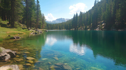 Crystal clear lake surrounded by pine trees