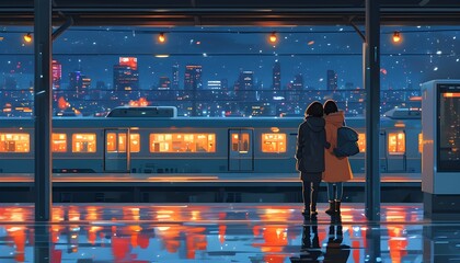 Couple admiring the city skyline at night from a train station in vibrant anime style digital art illustration