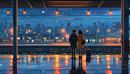 Couple admiring the city skyline at night from a train station in vibrant anime style digital art illustration