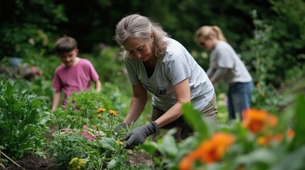 Intergenerational gardening: cultivating community connections in a lush spring garden setting for poster and print