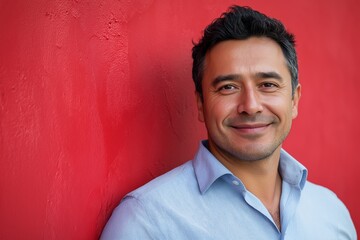 Poster - A man with a blue shirt and gray hair is smiling at the camera. He is standing in front of a red wall