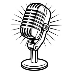 Black and white microphone with a detailed metallic texture. Classic and modern microphone vector illustration, and microphone icon.