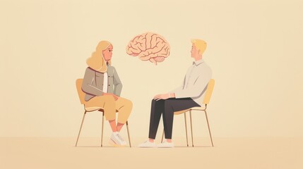 depicting a mental health counseling or therapy session featuring two individuals discussing and analyzing a brain icon representing the concept of cognitive development personal growth