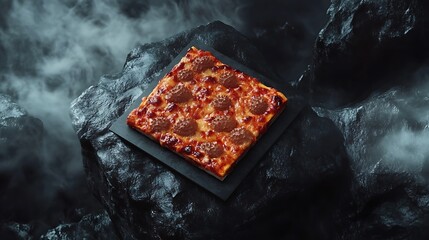 A square pizza with melted cheese and pepperoni toppings on a black plate resting on grey rocks.