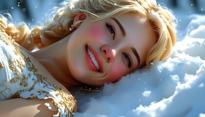 Wall Mural - Joyful winter bliss of a woman in a flowing blonde and white dress, peacefully reclining in the snow, captured in vibrant digital cartoon art.