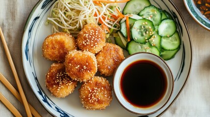 Wall Mural - Crispy Sesame Balls with Cucumber and Soy Sauce