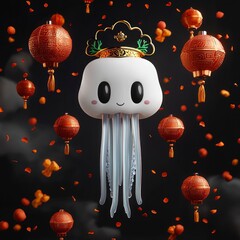 Poster - Cute Jellyfish with Chinese Lanterns