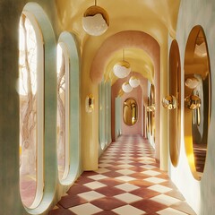 Wall Mural - A long hallway with arched doorways, checkered flooring, and gold accents.