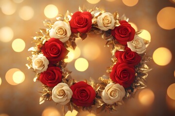 Sticker - Festive Red and White Rose Wreath with Gold Accents and Bokeh Background