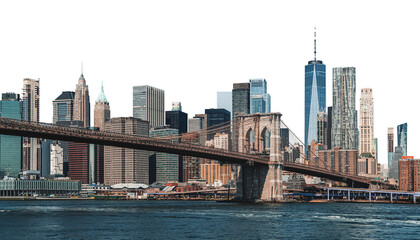 Image of Brooklyn Bridge spanning East River with Manhattan downtown skyline in the background. Crisp, clean look on white background. Concept of urban architecture