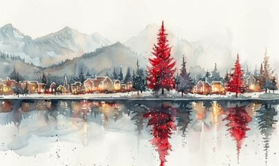 A serene winter landscape unfolds with red evergreens reflecting in the calm waters, surrounded by snowy mountains and quaint houses twinkling with lights at dusk