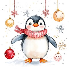 Sticker - Cute Penguin Wearing Red Scarf with Christmas Ornaments and Snowflakes