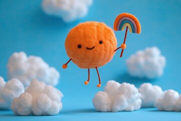 Wall Mural - Cheerful Orange Character Holding a Rainbow in the Clouds